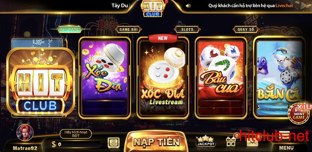 Giao diện cổng game Hit Club bắt mắt, lôi cuốn
