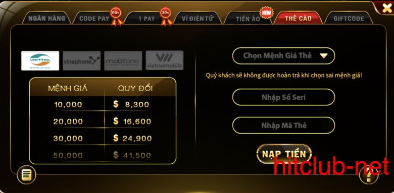 Nạp tiền bằng cách dùng thẻ cào