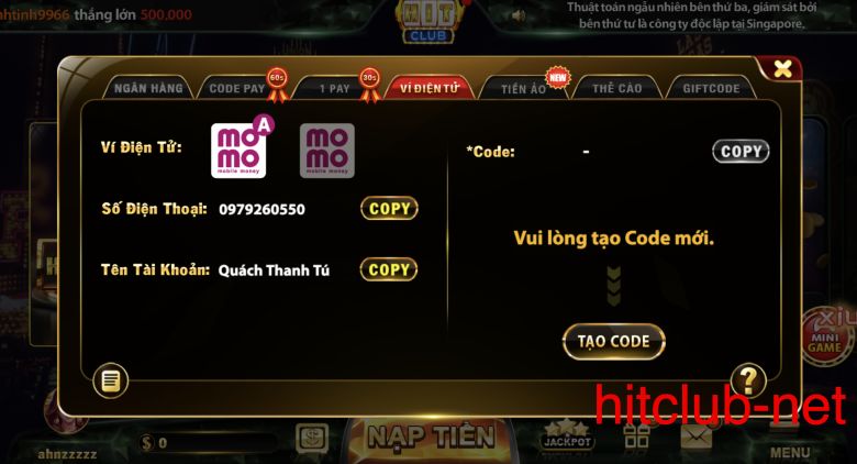 Nạp tiền Hit Club từ ví điện tử Momo