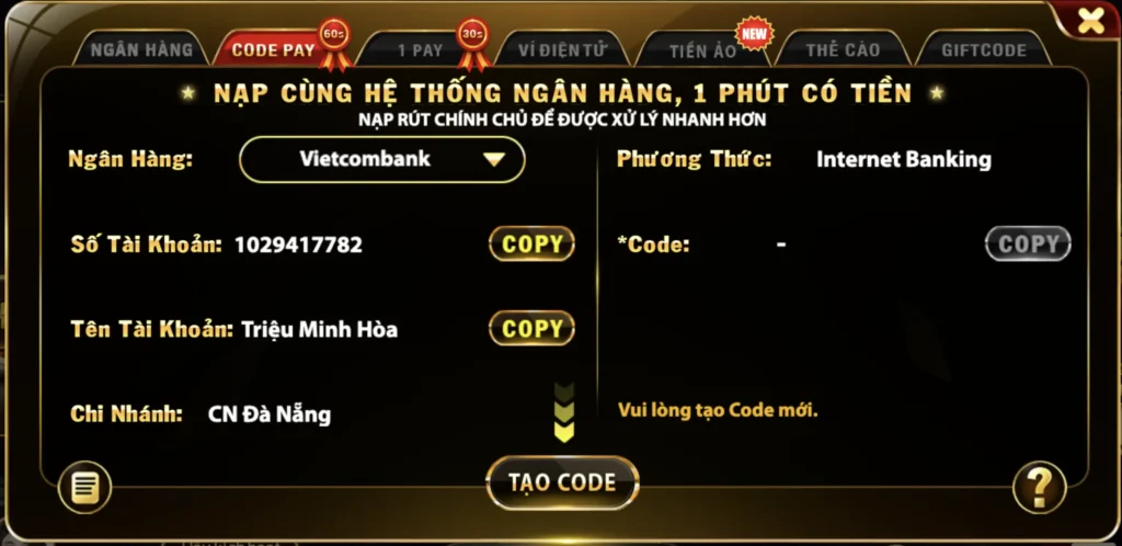 Nạp tiền code pay vào Hitclub