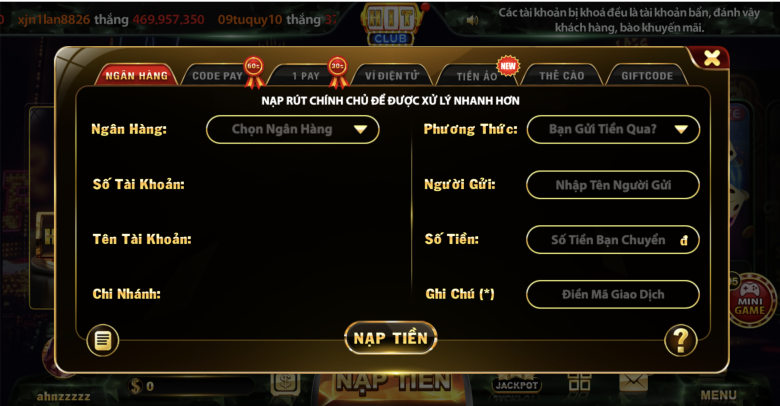 Nạp tiền vào tài khoản bằng ngân hàng