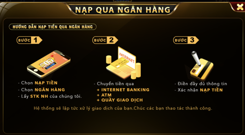 Thực hiện 3 bước đơn giản dưới đây để nạp tiền Hit Club qua ngân hàng
