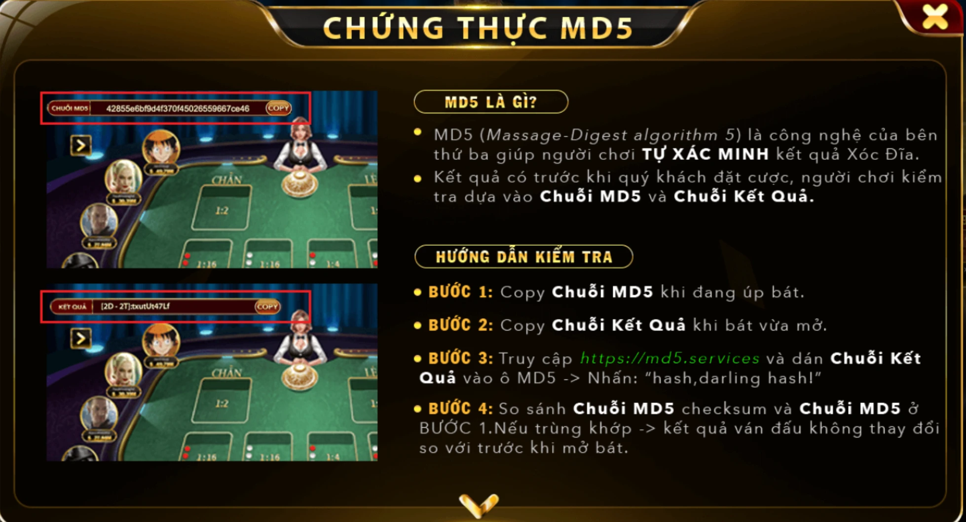 Tại xóc đĩa Hit Club sẽ có chứng thực MD5